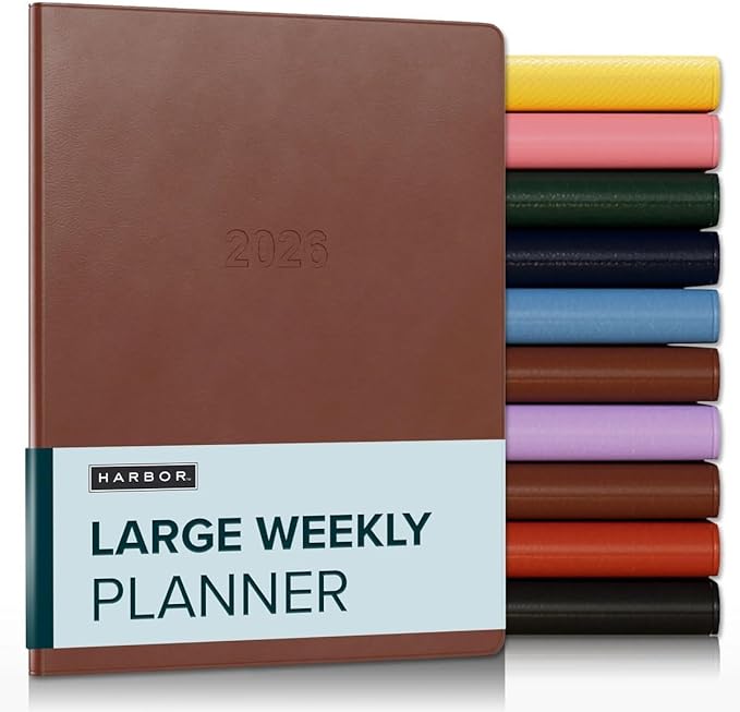 Harbor Large Weekly Monthly Planner 2025-2026, Calendar Planner & Notebook - Durable Faux Leather, 192 Pages, Softcover & Book Bound - Cambridge Cognac - 9.75 x 7.5 "