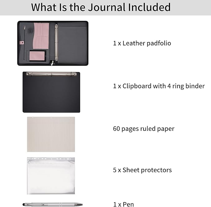 Wonderpool Travel Zippered Portfolio 3 Ring Binder A4 Padfolio Document Case with Removable Clipboard Legal Pad Holder, Business Office School Organizer for Men and Women (Pink)