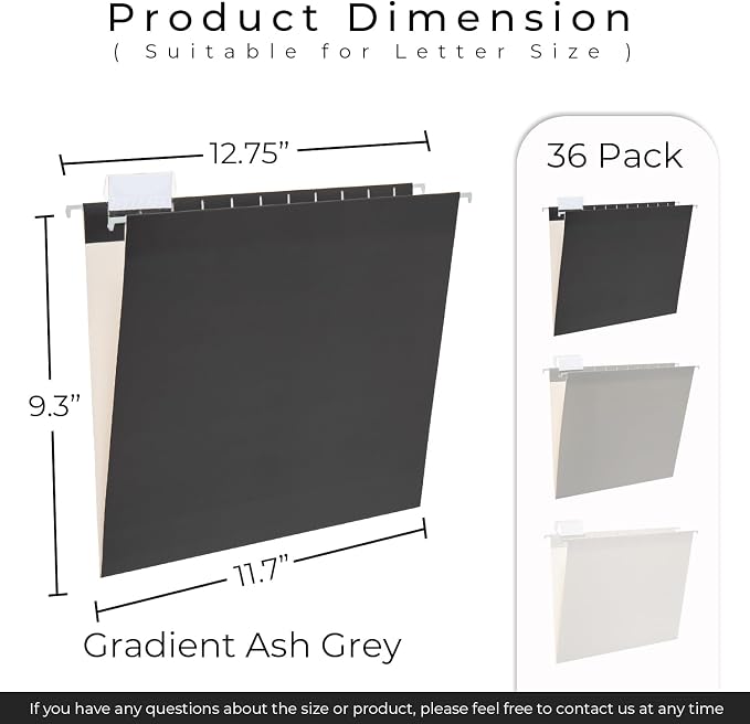 Y YOMA 36 Pack Gradient Hanging File Folders Letter Size Decorative Hanging Folder Pretty File Folder Organizer for Filing Cabinet Office Home with 1/5-Cut Adjustable Tabs, Ash Grey