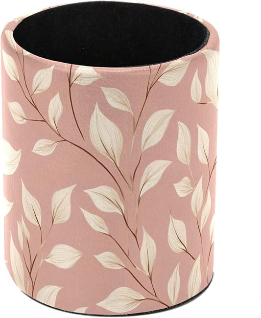 Cute Pink and White Leaves Desk Pen Organizer, Pen Cup Makeup Brush Holders Pencil Holder for Desk, Desktop Supplies & Accessories Workspace Organizers for Office Home School Art Supply