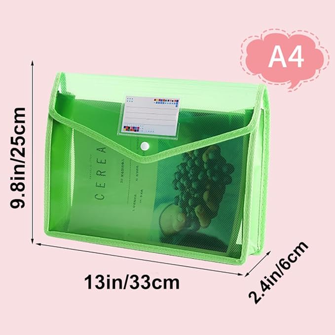 Plastic File Folder A4 Size Expandable Poly Envelopes Waterproof Transparent File Pouch with Snap Closure & Label Pocket Assorted Colors for School Organization