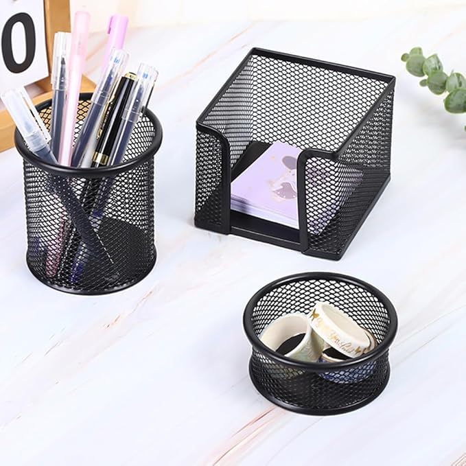 3pcs Pen Holder for Desk, Metal Mesh Pen Cup Paper Clip Holder Memo Pad Holders Stationary Organizer for Desk, Desk Accessories for Office School Home(COLOR:black)