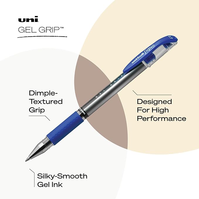 uniball Gel Grip Gel Pens, Medium Point (0.7mm), Blue, 12 Pack