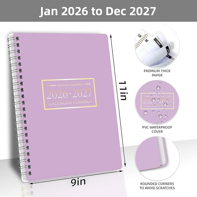 Monthly Planner 2026-2027, 2 year calendar 2026-2027 Calendar Book from Jan 2026 - Dec 2027 with Waterproof PVC Cover, 9'' x 11'', Organize Schedule for School, Office, Family,Purple
