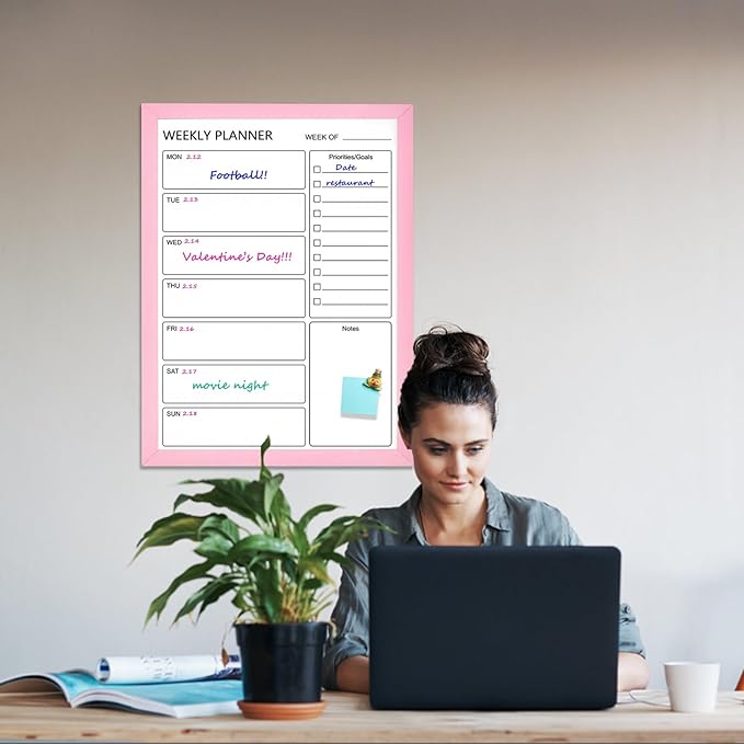 Dry Erase White Board Weekly Calendar Board, Magnetic Whiteboard for Wall,17.7“x23.6 Solid Wood Pink Framed Message Board, Planner Board for Office, Home, School（Weekly-BB-PK-4560）
