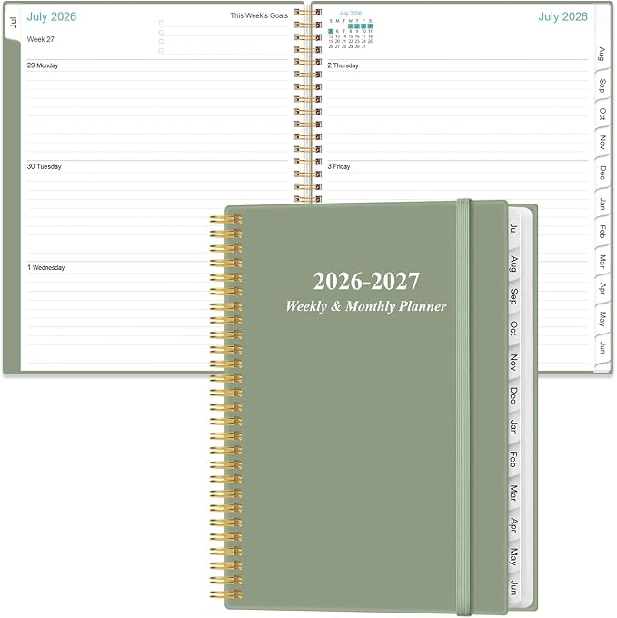 2026-2027 Planner - Planner 2026-2027 from July 2026 to June 2027 with 12 Monthly Tabs, Flexible Cover, Inner Pocket, 8.5" x 11", Green-B