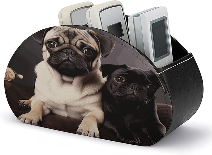 Pug Dogs Remote Control Organizer PU Leather Storage 5 Compartment Controller Holder Multi-functional Brush Organizer Box Office Supplies Caddy for Bedside