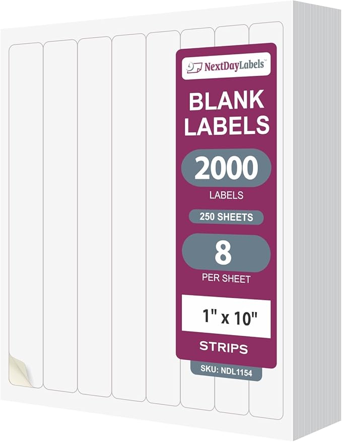 NextDayLabels 1x10 Inch Strip Stickers White Blank Labels for Laser Inkjet Printer - 8 Per Sheet Self-Adhesive Unique Size Label Made in USA - 2000 Labels