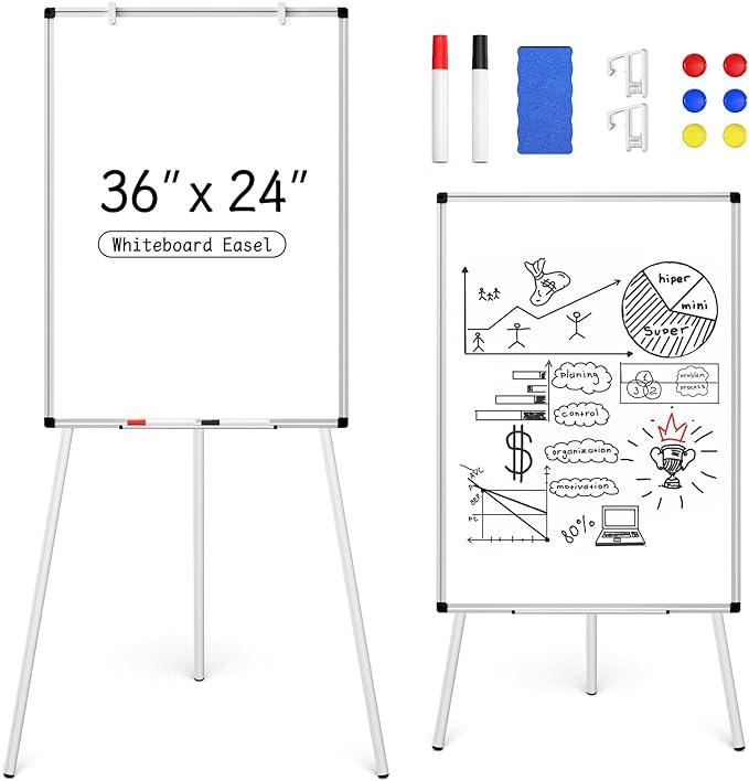 Magnetic Whiteboard Easel Stand, Dry Erase 36 x 24 White Board with Height Adjustable Tripod Stand, 3' x 2' Flipchart Easel Stand Presentation Board, 6 Magnets, 1 Eraser, 2 Pens