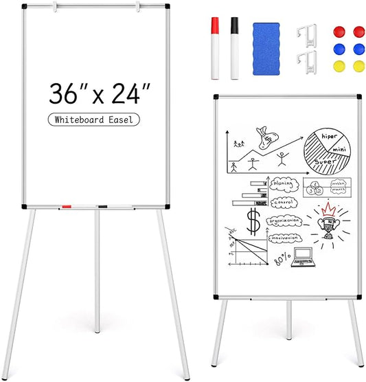 Magnetic Whiteboard Easel Stand, Dry Erase 36 x 24 White Board with Height Adjustable Tripod Stand, 3' x 2' Flipchart Easel Stand Presentation Board, 6 Magnets, 1 Eraser, 2 Pens