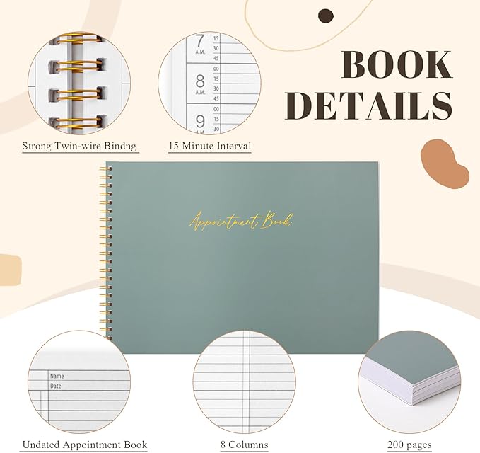Maitys 2026-2027 Large 8 Column Salon Appointment Book for Hairstylist Spa Business, Hourly Planner 15 Minute Interval, 200 Pages Undated 6 Am 9 Pm Spiral Bound Checklist Planner(Green, Minimalist)