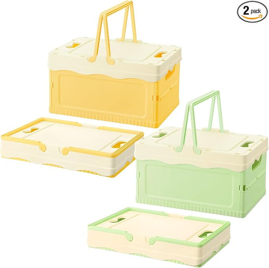 2 Pcs Pastel Plastic Collapsible Storage Crates with Lids and Handle Collapsible Picnic Basket Stackable Storage Bins Cute Foldable Container for Home Kitchen Office Bathroom(Green,Yellow)