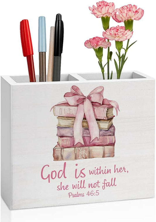 Christian Girly Office Decor Preppy Coquette Bow Room Decor for Girl Women Daughter Pink Pen Holder for Desk Girl Room Workplace Library Home desk decor Holder2832