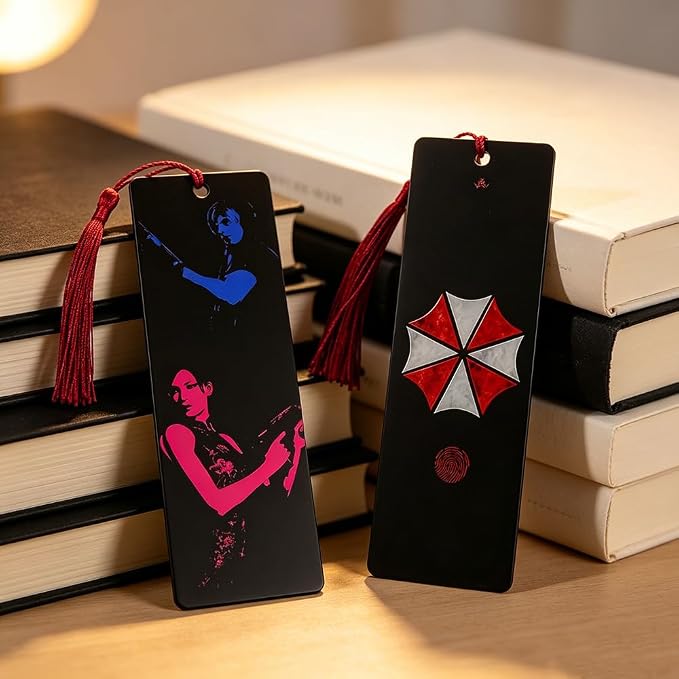 2 Pack Acrylic Bookmark Set with Red Tassels, Double Sided Survival Horror Inspired Book Markers, Anime Style Reading Accessories, Tactical Character Gift for Book Lovers Students Readers(2Pcs Evil)