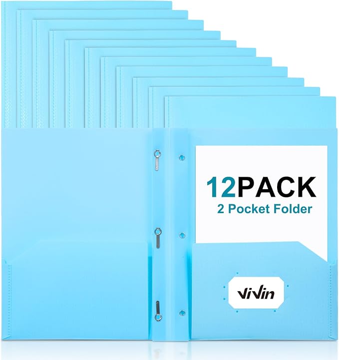 ViVin Sturdy Plastic Folder with Pockets,12 Pack,Heavy Duty Two Pocket 3 Prong Folders,Holds Letter Size Paper,File Folders with Business Card Slot for School Home and Office(Light Blue)
