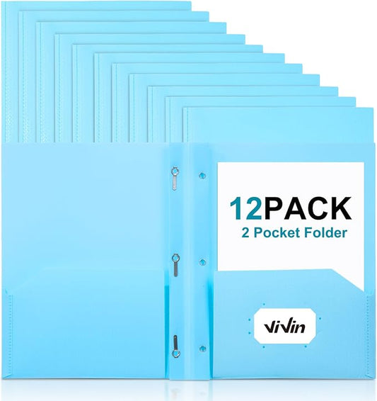 ViVin Sturdy Plastic Folder with Pockets,12 Pack,Heavy Duty Two Pocket 3 Prong Folders,Holds Letter Size Paper,File Folders with Business Card Slot for School Home and Office(Light Blue)