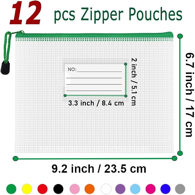 Plastic Mesh Zipper Pouch, 12Pcs Zipper File Bags with Label Pocket, A5 Size 9.2x6.7in, White