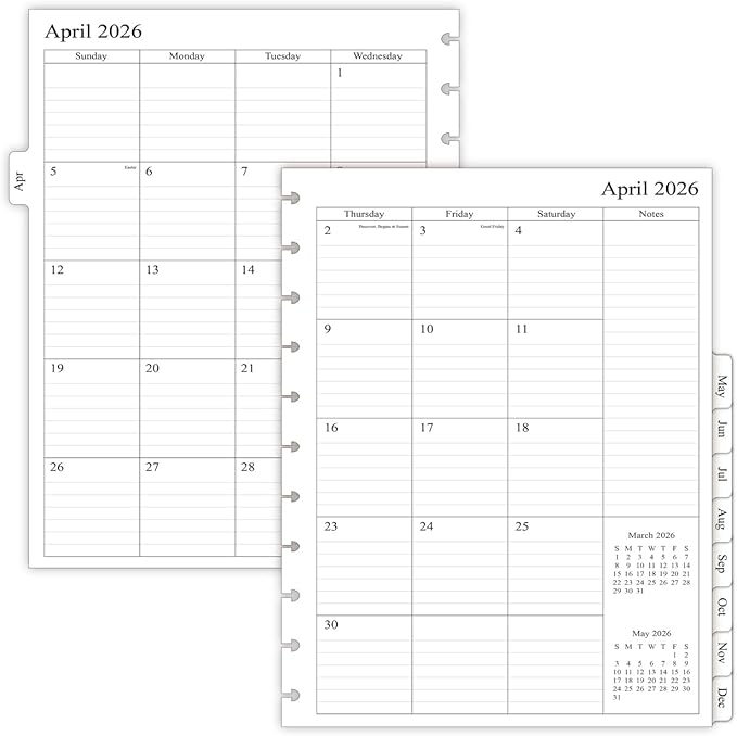 newestor 2026-2027 Monthly Planner Refill for 11-Discbound Notebooks, Apr 2026 to Dec 2027, Two Pages Per Month, Letter Size, 8-1/2" x 11"