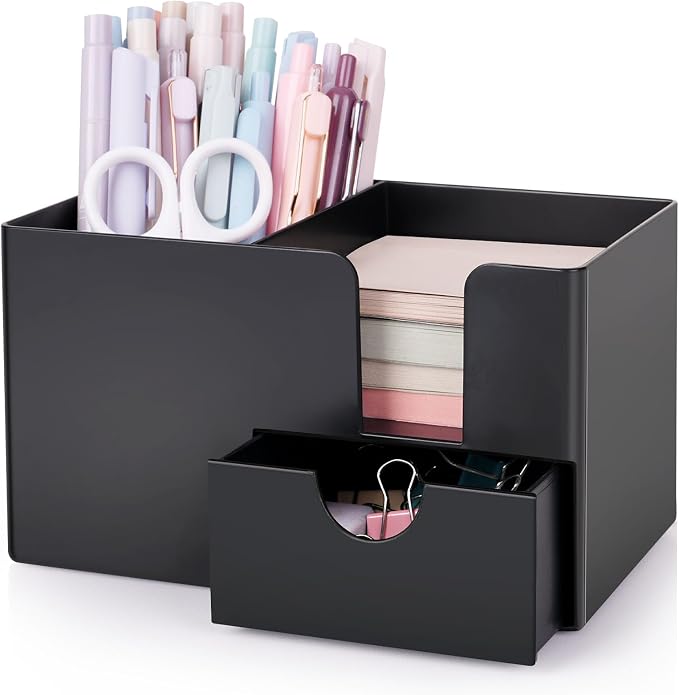 SKYDUE Small Desk Organizer with Drawer | 3 Compartments, Desk Pen Holder, For Home, School, Classroom & Office