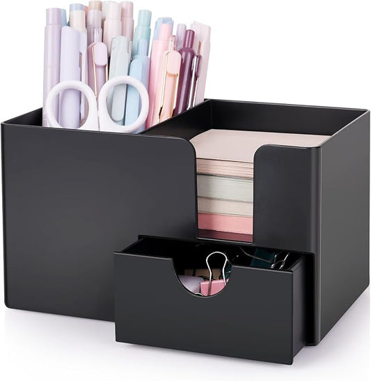 SKYDUE Small Desk Organizer with Drawer | 3 Compartments, Desk Pen Holder, For Home, School, Classroom & Office