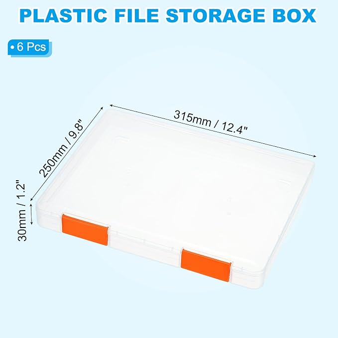 PATIKIL Clear A4 File Portable Project Case with Buckle Plastic Storage Box for 8.5" x 11" Letter Paper Scrapbook Paper Storage Case, 6Pcs, 12.4"x9.8"x1.2", Orange