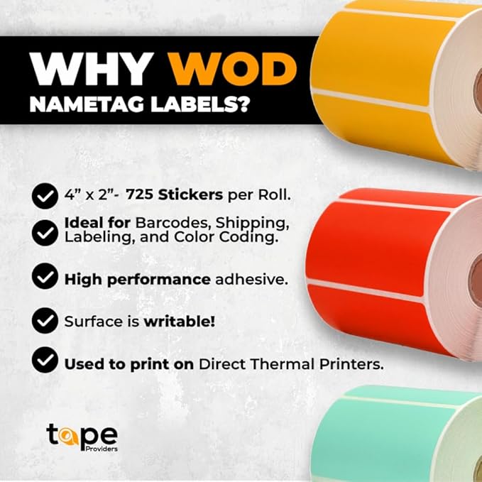 WOD Baby Blue Direct Thermal Label Rolls - 4 x 2 inch, 725 Nametag Stickers per Roll, Permanent Adhesive for Color Coding, Labeling, Inventory Management at Home, Business, and Classroom.