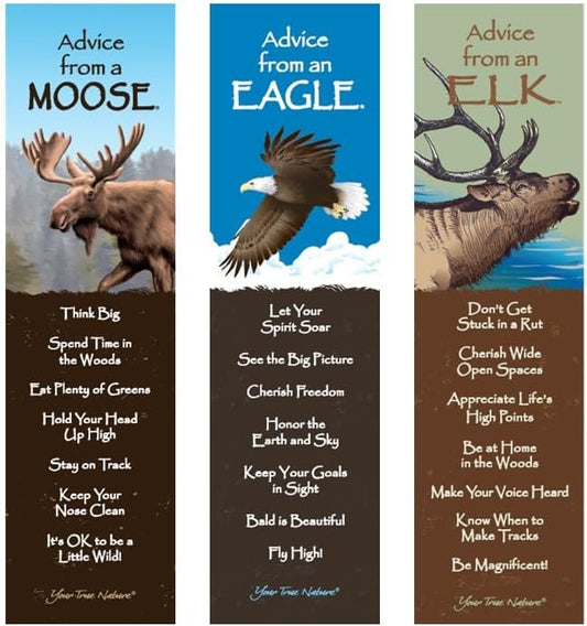 Advice 3 Bookmark Majestic Animals Set, Laminated with Glossy Finish, Printed on Recycled Paper, Moose, Elk, Eagle (AMBM-MAGANM)