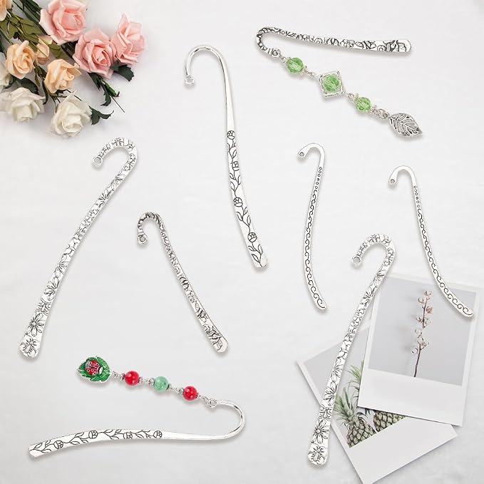 20Pcs Metal Bookmark s Antique Vintage Silver Metal Bookmark Hairpin with Hole Tibetan Carving Pattern Alloy Book Markers Jewelry Making Charms for Stationery Reading Enthusiasts
