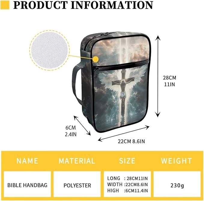 Suobstales Cross Angel Wings Print Bible Cover Portable Carrying Book Case Multi-Functional Bible Case Bible Organizer Case with Handle and Zippered Back Pocket