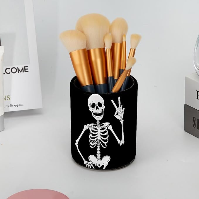 Funny Skeleton Pen Holder Pencil Organizer Cute Pencil Cup Desk Decor Makeup Brush Holder PU Multifunctional Office Supplies for Home Classroom School