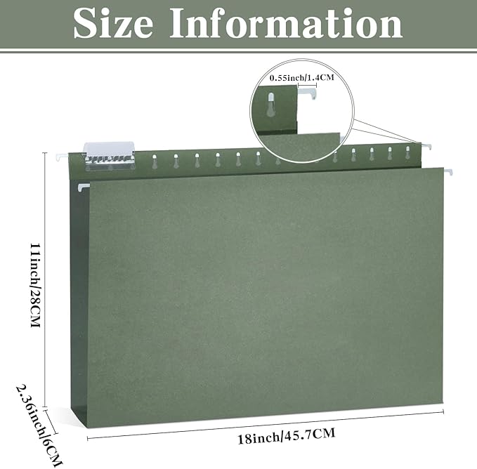 25 Pack Reinforced 12×18 Hanging File Folders 1/5 Cut Heavy Duty Hanging File Folders with Plastic Tabs & Label Cards Expanding Hangers File Organizer for 11×17 Paper Engineering Document (Green)