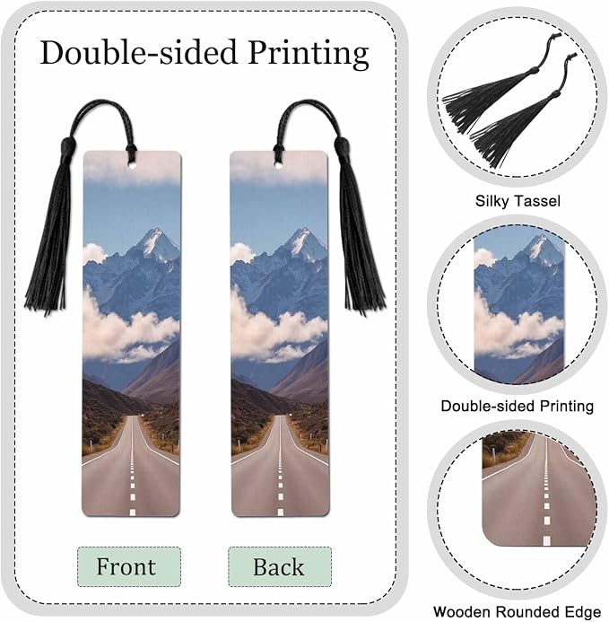 Mountain Road 5 Pcs Bookmarks Blue Sky Clouds Beautiful View Wooden Bookmarks with Tassel for Students Reader Teachers Book Lovers