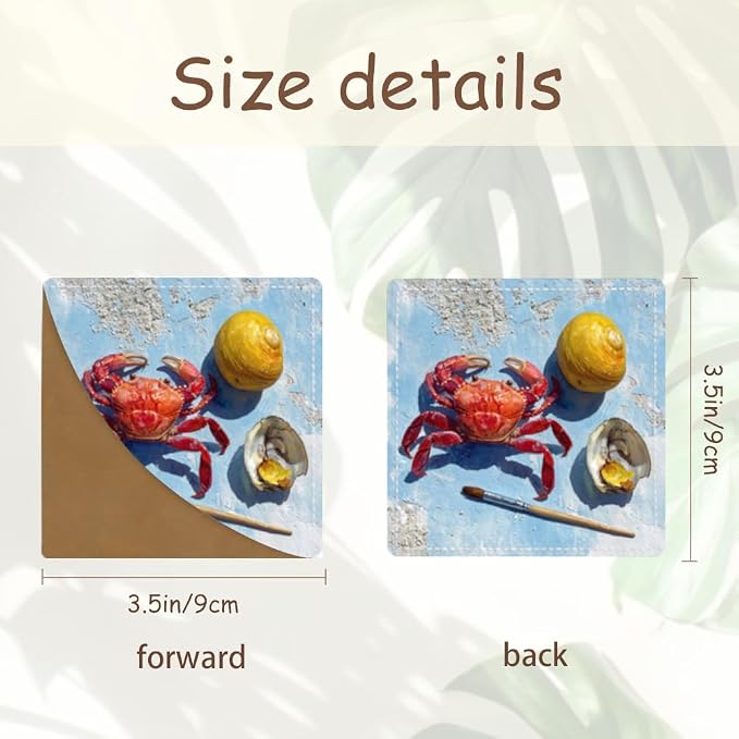 2PCS PU Leather Bookmarks 3.5x3.5 Inch Crab Seashell Ocean Design | PU leather bookmarks with red crab seashell design for beach novels, travel notes, art journals, ocean fans and readers.