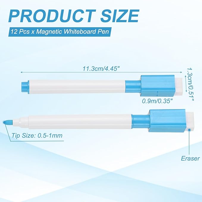 PATIKIL Whiteboard Pen, Fine Tip Dry Erase Light Blue White Board Markers with Eraser Whiteboard Calendar Supplies for Classroom Office, 12 Pcs, 0.5-1mm Tip