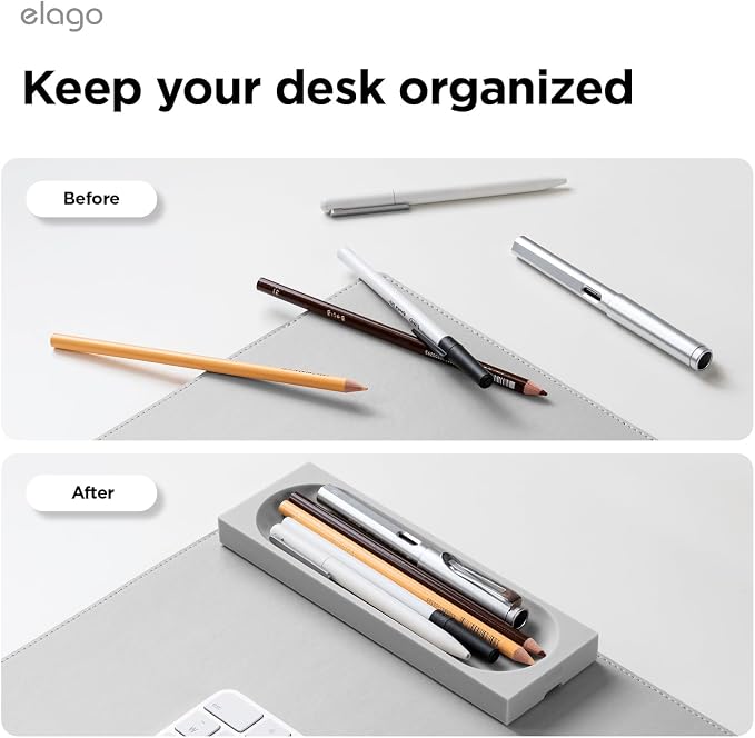 elago Smart Magnetic Desk Mat Pencil Tray – Soft Silicone Organizer for Office Supplies, AirPods, Glasses, Pens – Noise-Free, Non-Slip, Washable, Item for Desk Management [Medium] (Light Grey)