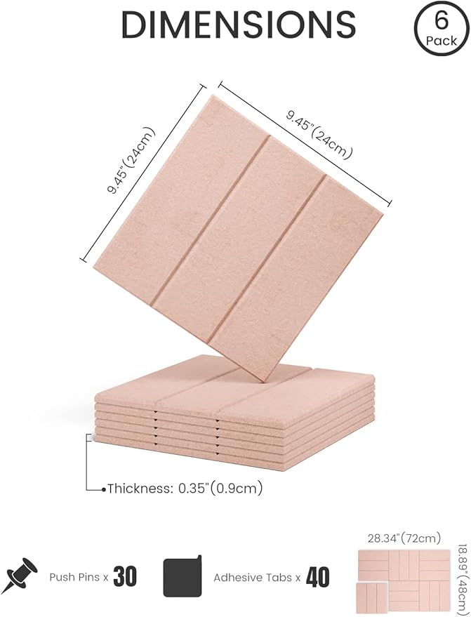 Fluxynara Felt Bulletin Board Tiles -28"x18" with 40 Adhesive Tabs, Cork Board Alternative for Office Decor, Push Pin Board Wall Organizer 6-Pack(Pink)