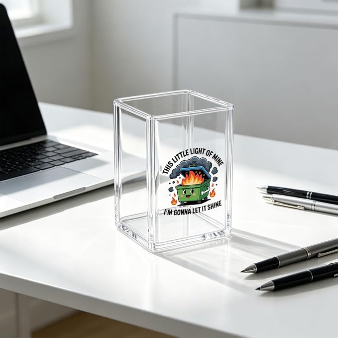 Funny Dumpster Fire Pen Holder for Desk - Response Team & This Little Light of Mine - Clear Acrylic Makeup Brush Holder, Sarcastic Office Decor, Relatable Coworker Gag Gift for Women Men Boss