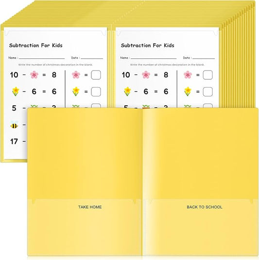 Henoyso 48 Pcs Take Home Folder Heavy Duty 2 Clear Front Pockets and 2 Inside Pockets Homework Folders for School Students Parent Teacher Classroom Communication (Yellow)