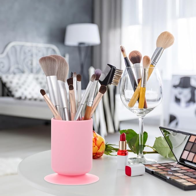 FOMIYES Makeup Brush Holder with Suction Cup Multipurpose Pen and Cosmetic Organizer for Desk and Vanity 3.9 Inch Compact Storage for Brushes Pens and Beauty Tools