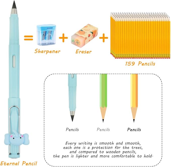 Ainiv 6 Sets Infinity Pencil Reusable Inkless Pencil No Sharpen Everlasting Pencil with Extra 6 Replaceable Nibs and 6 Cute Pencil Cups Infinite Pencil for Writing Drawing Home Office School Supplies