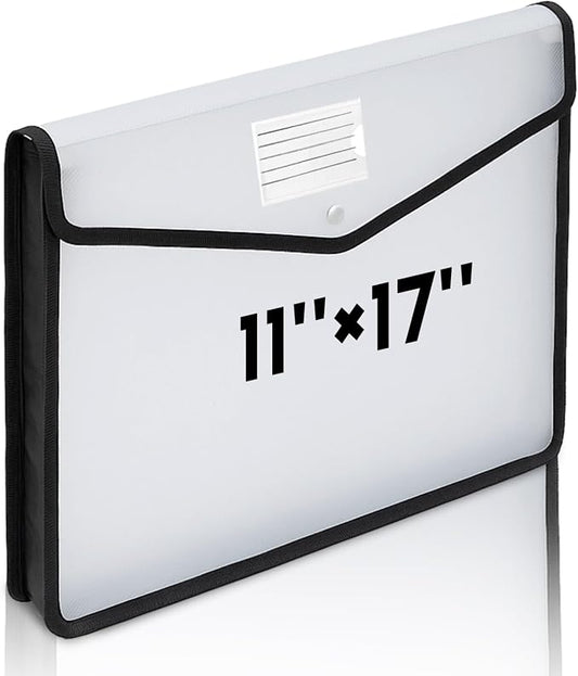 AmazingSpark 1 Pcs 11 x 17 Inch Expandable Tabloid Size Document Folder Organizers with Snap Closure & Label, Clear Plastic Expanding File Folder for A3 Ledger Size Plots Charts (Black)