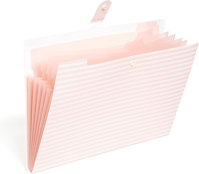 U Brands Poly 6 Pocket Expandable Folder with Tabs, Preppy Pink Stripes, 1 Count, Letter Size, 1/5-cut tabs and 14 Blank Adhesive Labels
