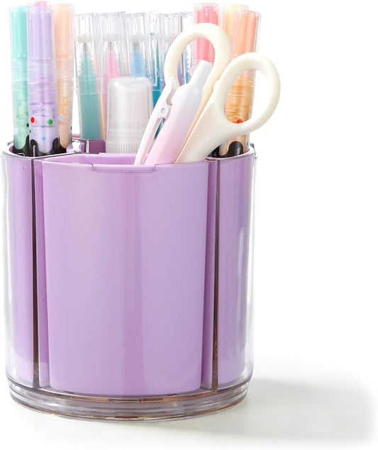 Comix 360° Rotating Pen Holder for Desk, Cute Pencil Holder Pen Organizer, Purple Acrylic Pencil Cup Caddy with 5 Slots for Home School Office Supplies