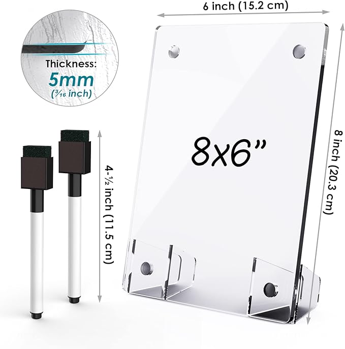 Clear Acrylic White Board 8x6 Inches, Frameless Desktop Dry Erase Board with Flexible Magnetic Stand and Markers, Mini Whiteboard Desk Accessories for Women, Home, Office, School