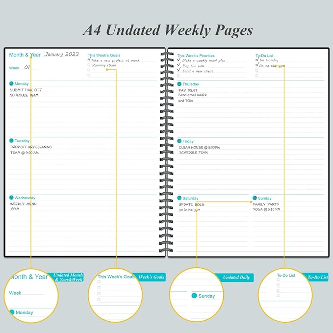 Undated Planner Pro - 8.5" x 11" Weekly & Monthly Planner to Achieve Goals & Increase Productivity, 12 Months Undated Agenda Daily Planner, Start Anytime, Black