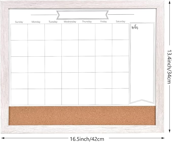 Dry Erase Calendar Whiteboard for Wall, Combination Magnetic Dry Erase White Board & Bulletin Board, 13" x 17" White Wood Framed Calendar/Cork Combo Board,Including 8 Markers and 1 Eraser(WH-3343+1)
