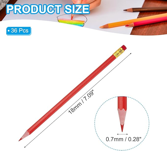 PATIKIL Erasable Colored Pencils, 36 Pcs Oil Color Pencils with Erasers Hexagonal Rod Wooden Colored Pencils for Tests Marking Grading Art Painting, Red