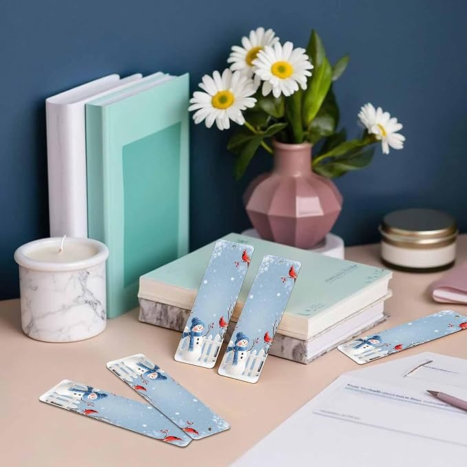 Snowman Bookmarks Set 5 with Tassels Winter Cardinal Bird Blue Christmas Wooden Bookmarks for Reading Women Men Students Teachers School Supplies