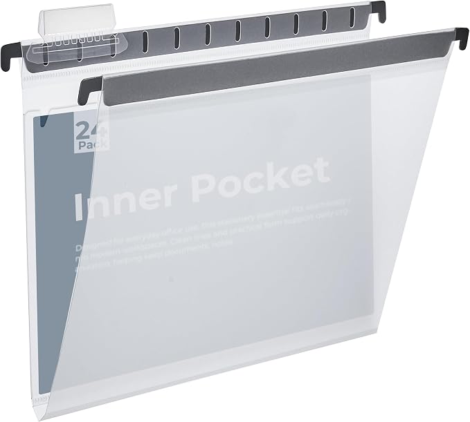 Y YOMA Plastic Hanging File Folders with Pocket, Letter Size, 1” Expansion 24 Pack Clear Reinforced Hanging Folders with Tabs, Waterproof for Filing Cabinet Bulky Files Home Office
