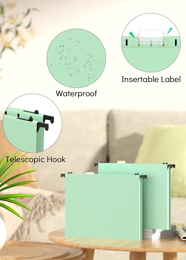 Extra Capacity Plastic Hanging File Folder, 12 Pack Reinforced Hang Folders Letter Size, Heavy Duty 1 Inch Expansion Filing Cabinet Folders, for Bulk Files, Medical Charts, Sage Green